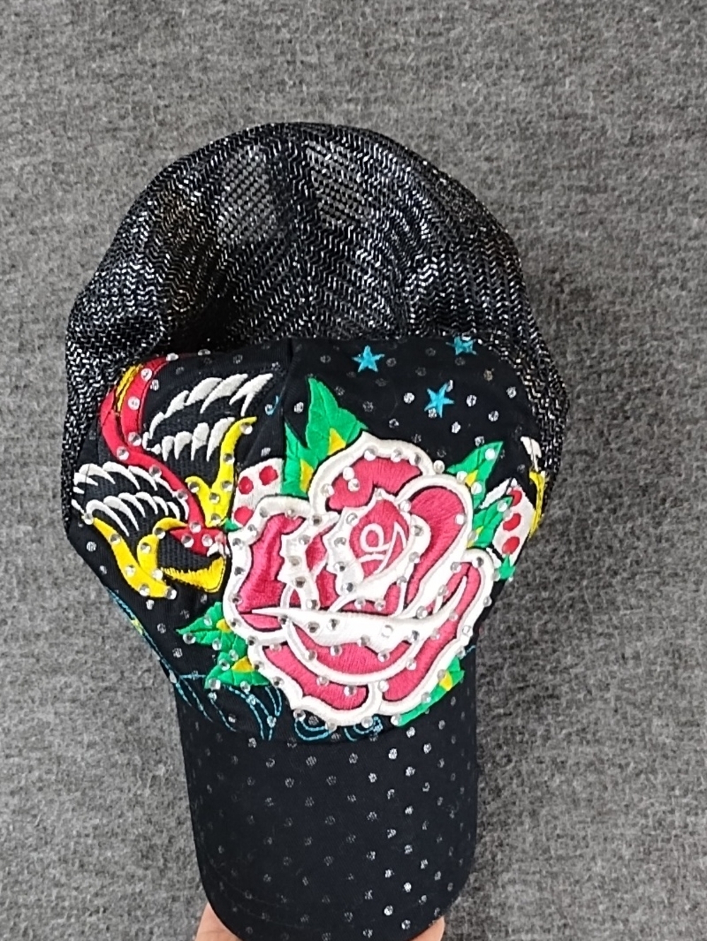 Y2K Stephanie Black Mesh Baseball Cap with Pink Embroidered Rose